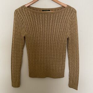 Ralph Lauren Cable Knit Sweater PM Gold Metallic Silk Blend Shimmer Fisherman